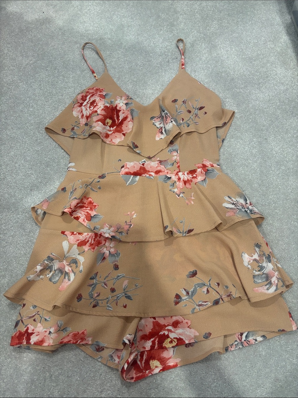 privy Camel Floral V-Neck Spaghetti Strap Dress